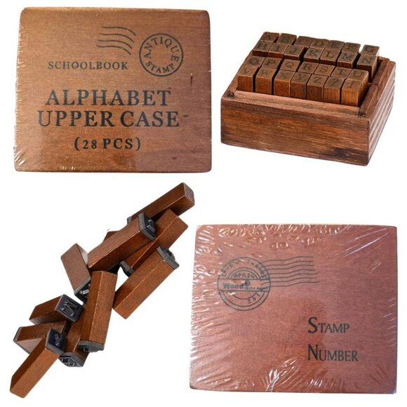 Letter Stamp Set Alphabet Number Day Weather Symbol 56 Vintage Style Wood Stamps - Picture 1 of 6